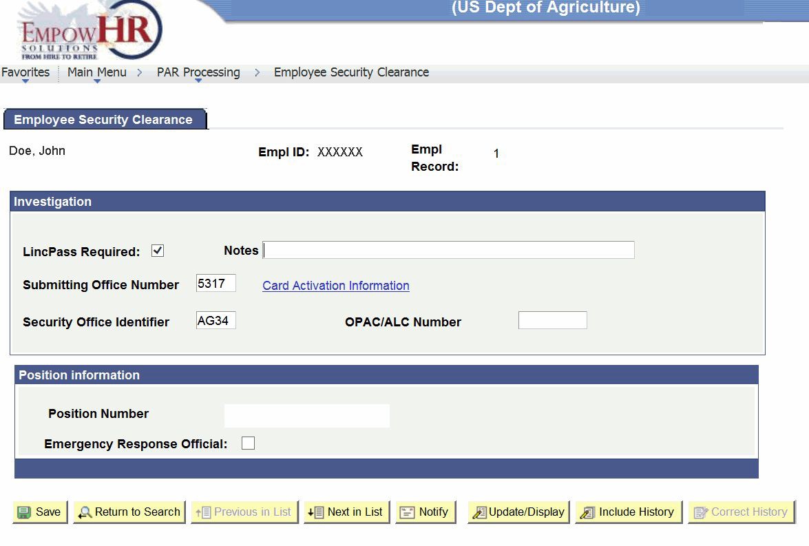 Employee Security Clearance Tab